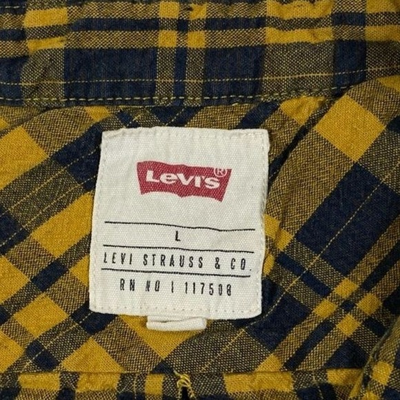 Levi's Shirt Mens L Navy Blue Mustard Yellow Plaid‎ Short Sleeve Button Up Fall - Picture 3 of 5